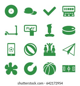 Game icons set. set of 16 game filled icons such as kick scooter, paper airplane, finger pressing play button, slot machine, basketball, football on phone, hockey puck