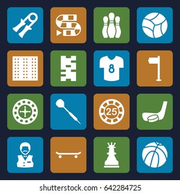 Game icons set. set of 16 game filled icons such as field, roulette, 25 casino chip, casino boy, hockey stick and puck, dart, football t shirt, bowling, chess king, beach ball
