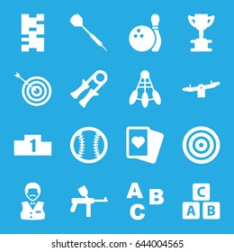 Game icons set. set of 16 game filled icons such as abc cube, swing, casino boy, target, spades, dart, bowling, baseball, ranking, paintball, domino, trophy, abc