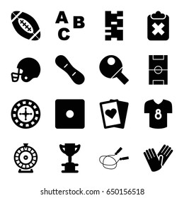 Game icons set. set of 16 game filled icons such as jump rope, roulette, dice, gloves, football pitch, snow board, football t shirt, table tennis, playing card, domino, trophy