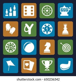 Game icons set. set of 16 game filled icons such as kite, slot machine, 1 casino chip, 25 casino chip, casino chip, dice, target, spades, ranking, trophy, boxing glovesaa