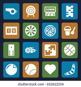 Game icons set. set of 16 game filled icons such as boomerang, bucket toy for beach, hearts, slot machine, target, basketball, sport score, tennis ball, puzzle, labyrinth