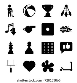 Game icons set. set of 16 game filled icons such as field, kick scooter, beach ball, hearts, dice, golf player, basketball, goal post, whistle, chess king, trophy, thumb up
