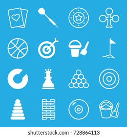 Game icons set. set of 16 game filled and outline icons such as pyramid, bucket toy for beach, flag, dart, chess king, target, clubs, casino chip, bucket and shovel