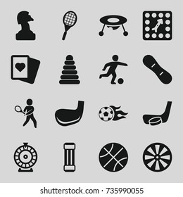 Game icons set. set of 16 game filled icons such as pyramid, baby toy, roulette, spades, board game, tennis playing, football ball, tennis rocket, hockey stick and puck