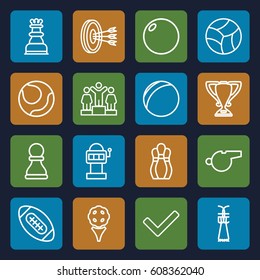 Game icons set. set of 16 game outline icons such as ranking, chess king, beach ball, tick, trophy, whistle, chess pawn, american football, Shuttlecock, bowling