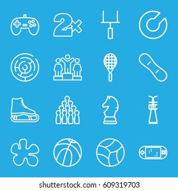 Game icons set. set of 16 game outline icons such as Casino bet, ranking, beach ball, portable game console, goal post, tennis rocket, snow board, chess horse, Shuttlecock