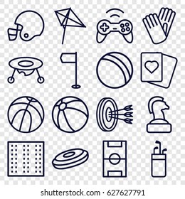 Game icons set. set of 16 game outline icons such as field, ball, beach ball, baby toy, kite, Spades, gloves, joystick, football pitch, american football helmet, basketball