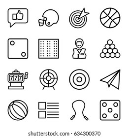 Game icons set. set of 16 game outline icons such as field, paper airplane, slot machine, dice, casino boy, target, american football helmet, menu, basketball, skipping rope