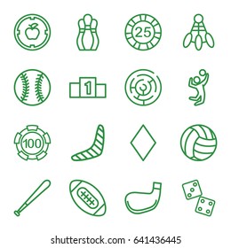 Game icons set. set of 16 game outline icons such as boomerang, diamonds, 25 casino chip, 100 casino chip, volleyball player, baseball, golf stick, baseball bat, volleyball