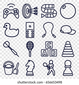 Game icons set. set of 16 game outline icons such as abc cube, pyramid, duck, baseball cap, bucket and shovel, joystick, tennis playing, tennis rocket, dart, chess horse