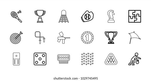 Game icons. set of 18 editable outline game icons: dice, trophy, basketball player, baseball glove, puzzle, target, badminton, field, kite, 1 casino chip, billiards