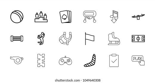 Game icons. set of 18 editable outline game icons: ball, boomerang, swing, pllaying card, football pitch, volleyball player, ranking, flag, baby toy