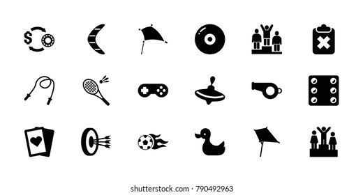 Game icons. set of 18 editable filled game icons: whirligig, kite, disc, playing card, clipboard with cross, skipping rope, whistle, football ball, ranking, arrows in target