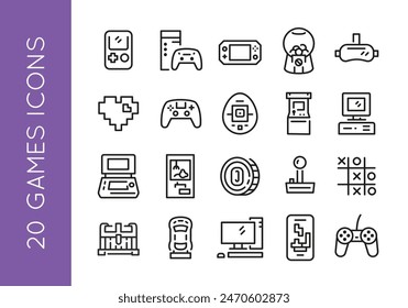 Game icons. Set of 20 game trendy minimal icons. Handheld Console, VR Headset, Arcade Machine, Desktop Computer icon. Design signs for web page, mobile app, packaging design. Vector illustration.