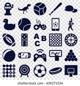 Game icons set. set of 25 game filled icons such as duck, joystick, finger pressing play button, roulette, domino, target, baseball player, football on phone