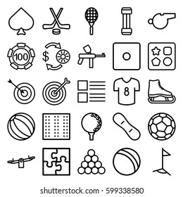 game icons set. Set of 25 game outline icons such as field, ball, from toy for beach, swing, Spades, Casino chip and money, 100 casino chip, Dice, target, puzzle, flag
