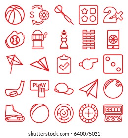 Game icons set. set of 25 game outline icons such as paper airplane, from toy for beach, kite, finger pressing play button, roulette, casino chip and money, dice, casino bet