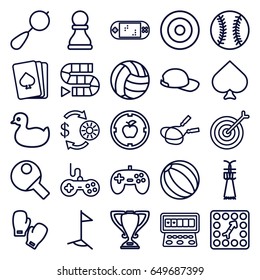 Game icons set. set of 25 game outline icons such as duck, beanbag, joystick, jump rope, pllaying card, spades, casino chip and money, slot machine, baseball cap, flag, trophy