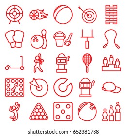 Game icons set. set of 25 game outline icons such as kick scooter, bucket toy for beach, dice, billiards, target, slot machine, ranking, board game, baseball cap