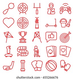 Game icons set. set of 25 game outline icons such as beanbag, kick scooter, bucket toy for beach, kite, pllaying card, hearts, casino boy, spades, target, joystick