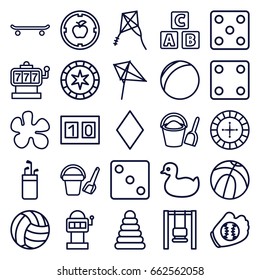 Game icons set. set of 25 game outline icons such as abc cube, pyramid, duck, bucket toy for beach, kite, diamonds, roulette, slot machine, dice, bucket and shovel