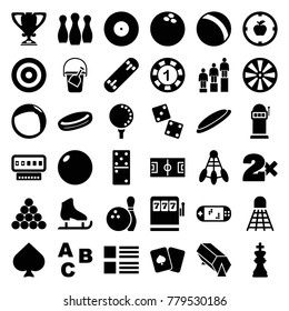 Game icons. set of 36 editable filled game icons such as ball, spades, 1 casino chip, casino bet, menu, abc, dice, hockey puck, dart, target, bowling ball, shuttlecock