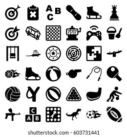 Game icons set. set of 36 game filled icons such as ABC cube, bucket toy for beach, swing, Slot machine, Casino chip, lottery, billiards, board game, football ball, basketball
