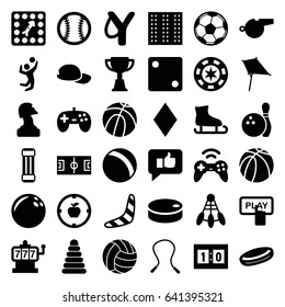 Game icons set. set of 36 game filled icons such as field, pyramid, ball, boomerang, kite, diamonds, finger pressing play button, slot machine, dice, trophy, basketball