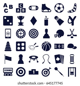 Game icons set. set of 36 game filled icons such as abc cube, pyramid, baby toy, boomerang, from toy for beach, jump rope, pllaying card, diamonds, roulette, dice