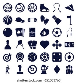 Game icons set. set of 36 game filled icons such as pllaying card, clubs, hearts, diamonds, 25 casino chip, 100 casino chip, dice, slot machine, basketball, portable console