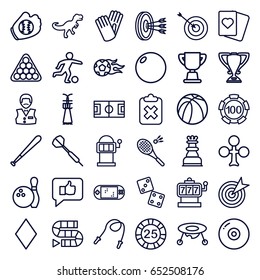 Game icons set. set of 36 game outline icons such as baby toy, clubs, diamonds, slot machine, 25 casino chip, 100 casino chip, casino boy, billiards, target, spades, gloves