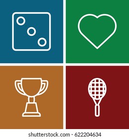 Game icons set. set of 4 game outline icons such as Hearts, Dice, trophy