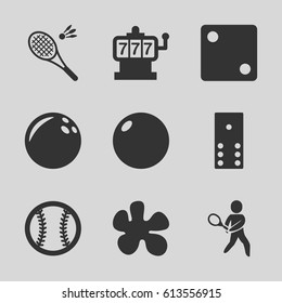 Game icons set. set of 9 game filled icons such as Slot machine, Dice, tennis playing, baseball, badminton, domino, bowling ball