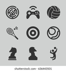 Game icons set. set of 9 game filled icons such as volleyball player, volleyball, horse chess, badminton, joystick, target, labyrinth