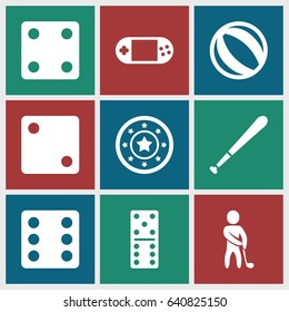 Game icons set. set of 9 game filled icons such as casino chip, dice, domino, portable console, golf player, baseball bat