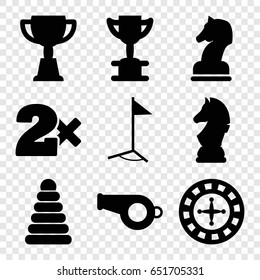 Game icons set. set of 9 game filled icons such as pyramid, roulette, casino bet, trophy, flag, chess horse, horse chess