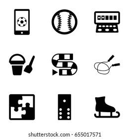 Game icons set. set of 9 game filled icons such as bucket toy for beach, jump rope, slot machine, football on phone, baseball, puzzle, domino, dice game
