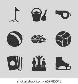 Game icons set. set of 9 game filled icons such as ball, pllaying card, flag, basketball, beach ball, bucket and shovel, ranking, ice skate