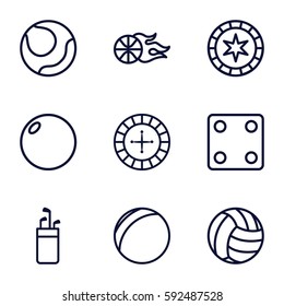 game icons set. Set of 9 game outline icons such as Roulette, Dice, basketball, volleyball, plastic ball, bowling ball, golf putter