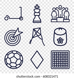 Game icons set. set of 9 game outline icons such as kick scooter, baby toy, Diamonds, ranking, kite, chess king, fotball, target