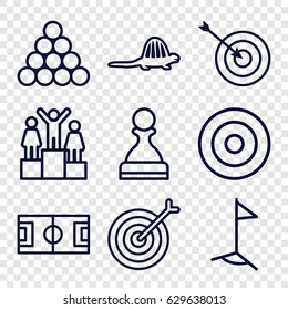 Game icons set. set of 9 game outline icons such as target, dinosaur, flag, ranking, pawn, football pitch