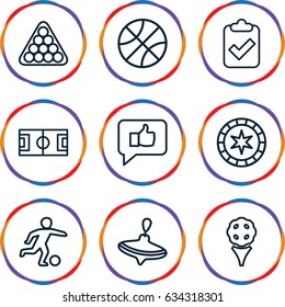 Game icons set. set of 9 game outline icons such as whirligig, billiards, football player, clipboard with tick, basketball, football pitch, golf, casino chip