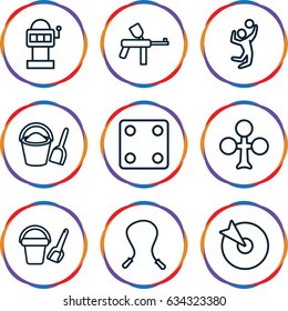 Game icons set. set of 9 game outline icons such as bucket toy for beach, clubs, dice, bucket and shovel, volleyball player, skipping rope, slot machine, paintball