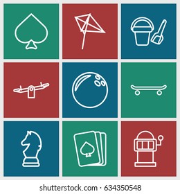 Game icons set. set of 9 game outline icons such as bucket toy for beach, swing, kite, pllaying card, spades, slot machine, chess horse, skating