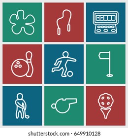 Game icons set. set of 9 game outline icons such as slot machine, golf player, skipping rope, whistle, football player, bowling, flag, paintball
