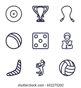 Game icons set. set of 9 game outline icons such as ball, boomerang, dice, casino boy, volleyball player, trophy, volleyball, target