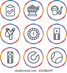 Game icons set. set of 9 game outline icons such as bucket toy for beach, slot machine, 1 casino chip, domino, tennis ball, clipboard with tick, expander sport