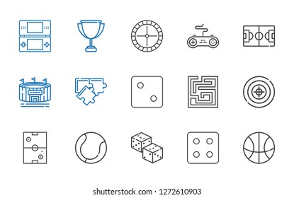 game icons set. Collection of game with basketball, dice, dices, tennis, air hockey, target, labyrinth, puzzle, stadium, football field, gamepad. Editable and scalable game icons.