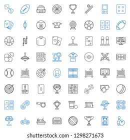 game icons set. Collection of game with bowling, toy, trophy, ball, chest, sandbox, gamepad, dart board, newtons cradle, beer pong, whistle. Editable and scalable game icons.